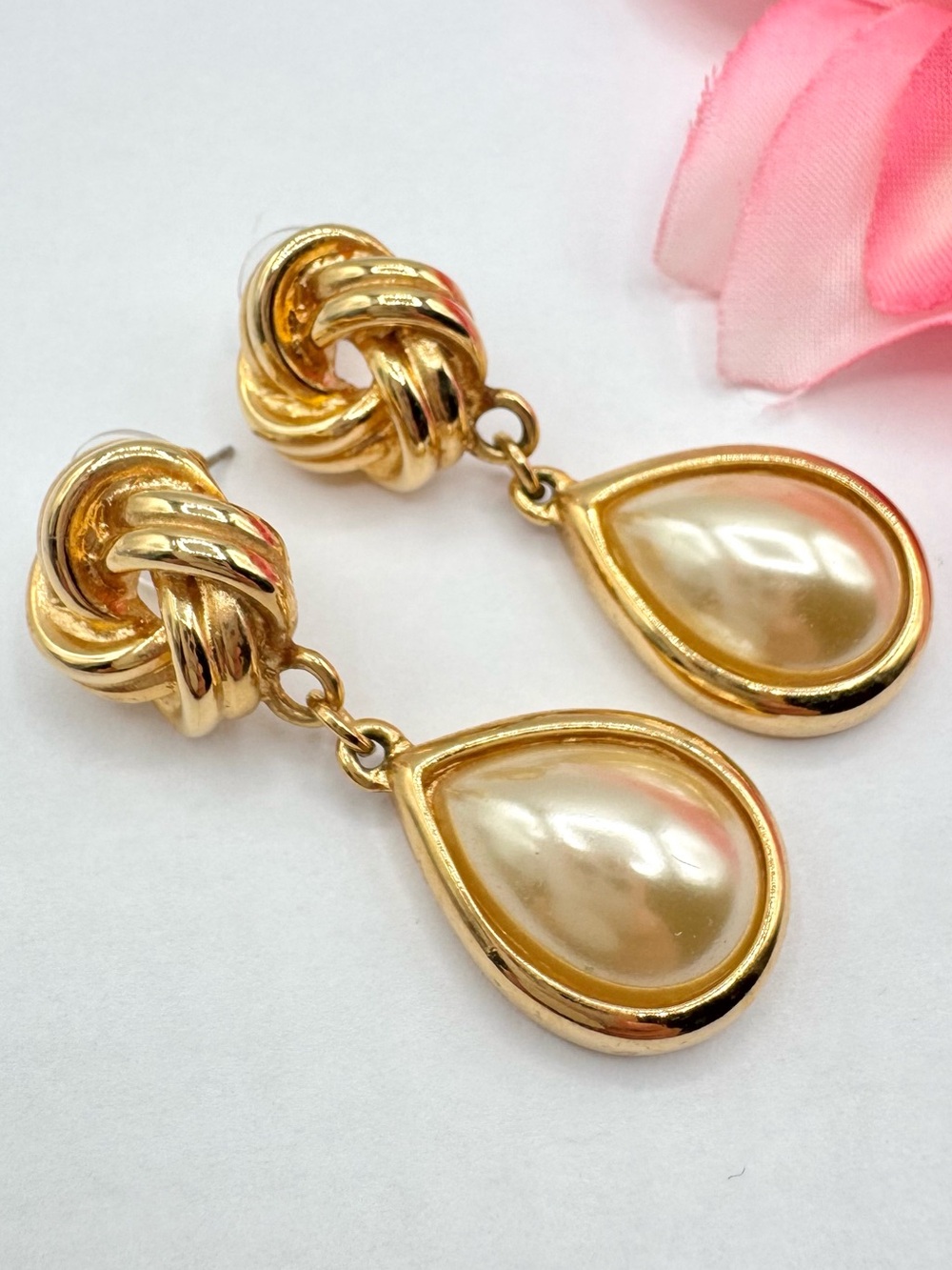 Vintage KJL Kenneth Jay Lane Faux Pearl Drop Dangle Earrings Love Knot Signed